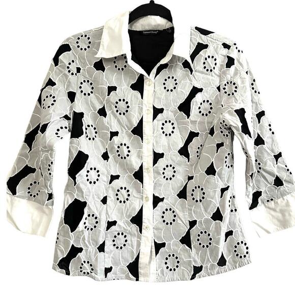 SAMUEL DONG White Black Floral Eyelet Lace 3/4 Sleeve Shirt Blouse Button Up - M - Picture 1 of 5